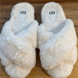 BP White Fuzzy Slippers